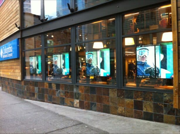 digital screens in window display at Columbia Sportswear store