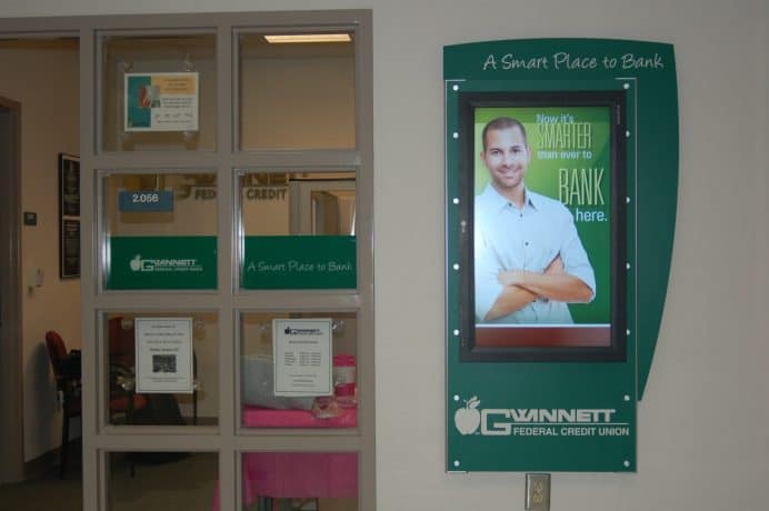credit union lobby with digital engagement station