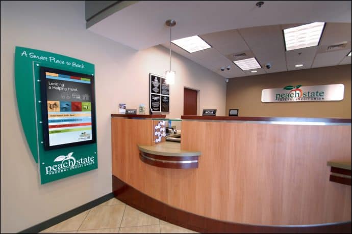 credit union lobby with digital engagement station