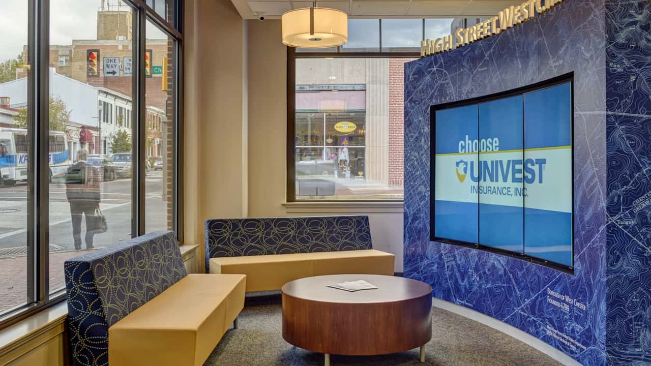 Univest video wall with small business spotlight message campaign.