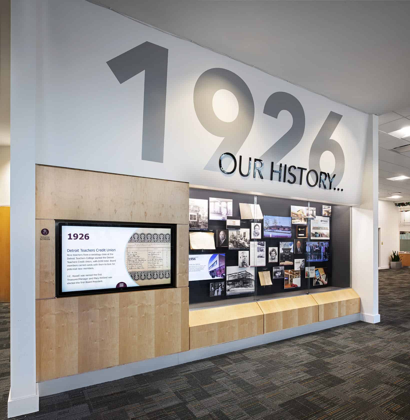 Michigan First Credit Union history timeline touch screen.