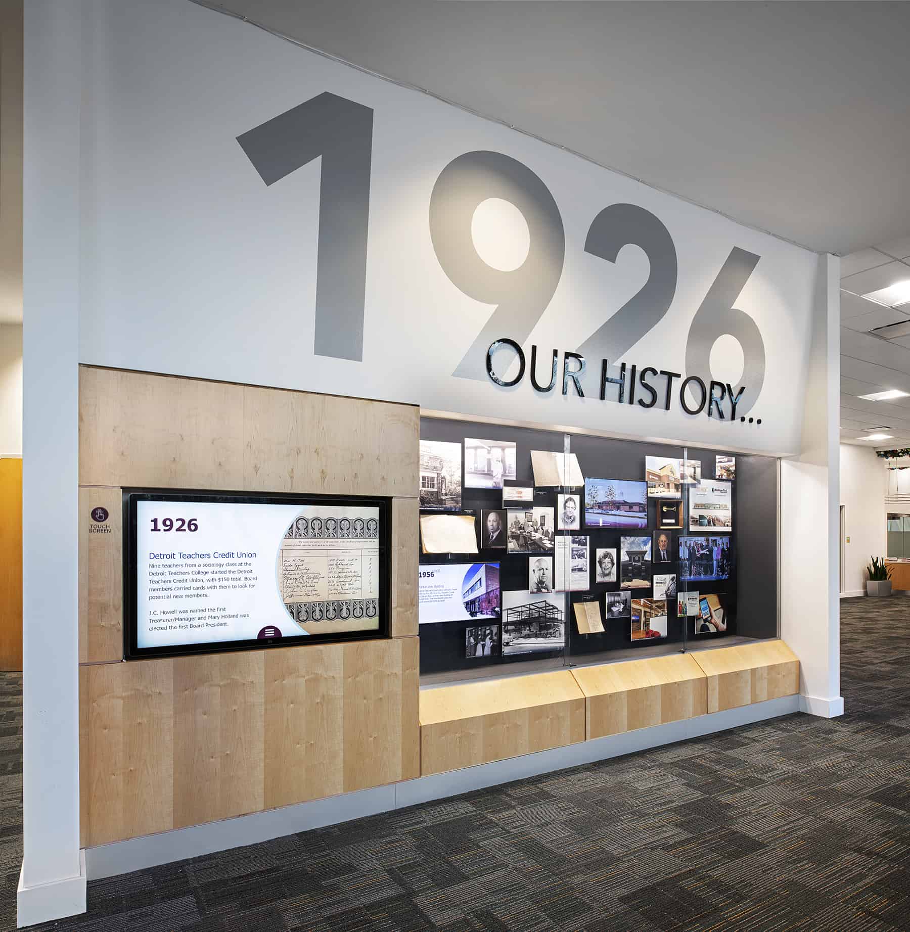 Michigan First Credit Union history timeline touch screen.