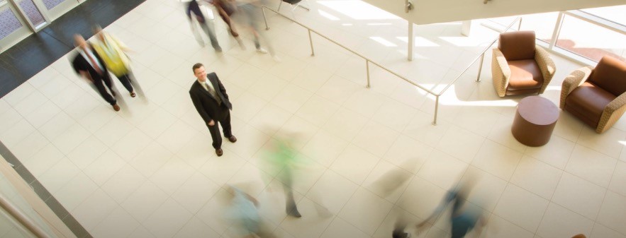 man in branch lobby