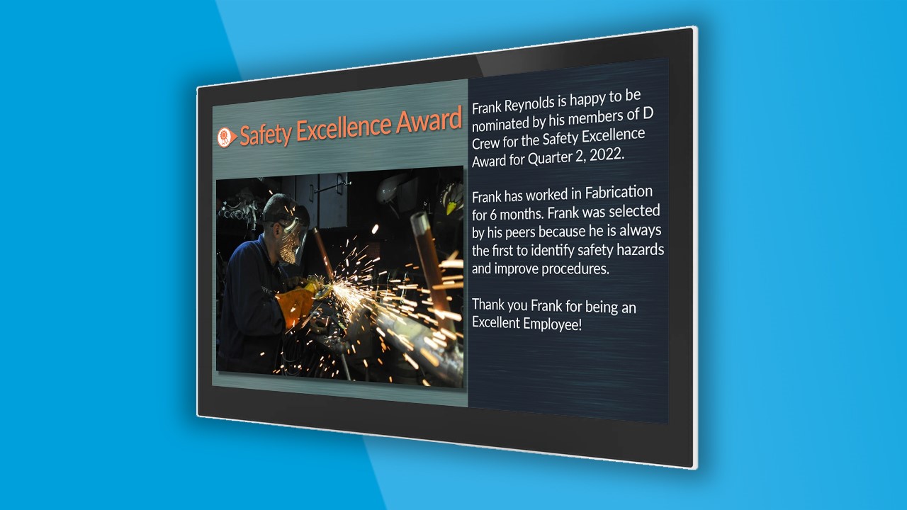 digital safety sign recognizing employee with a safety excellence award