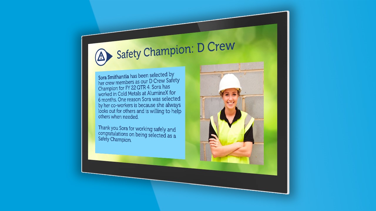 employee digital signage recognizing a safety champion