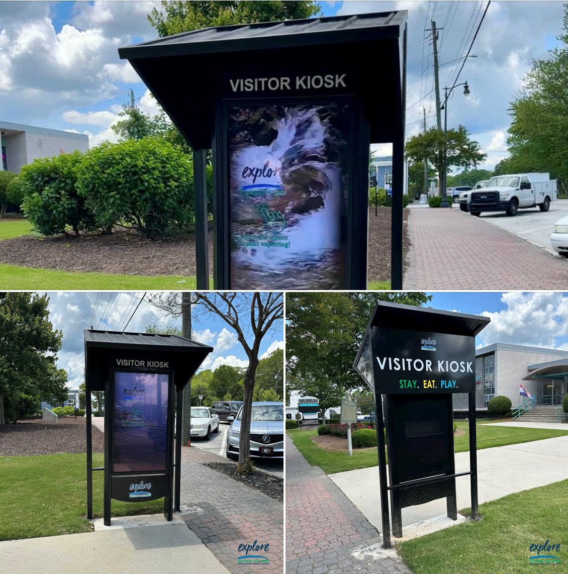 Outdoor 24-hour hospitality digital signage kiosk at Douglas County Travel & Tourism building.